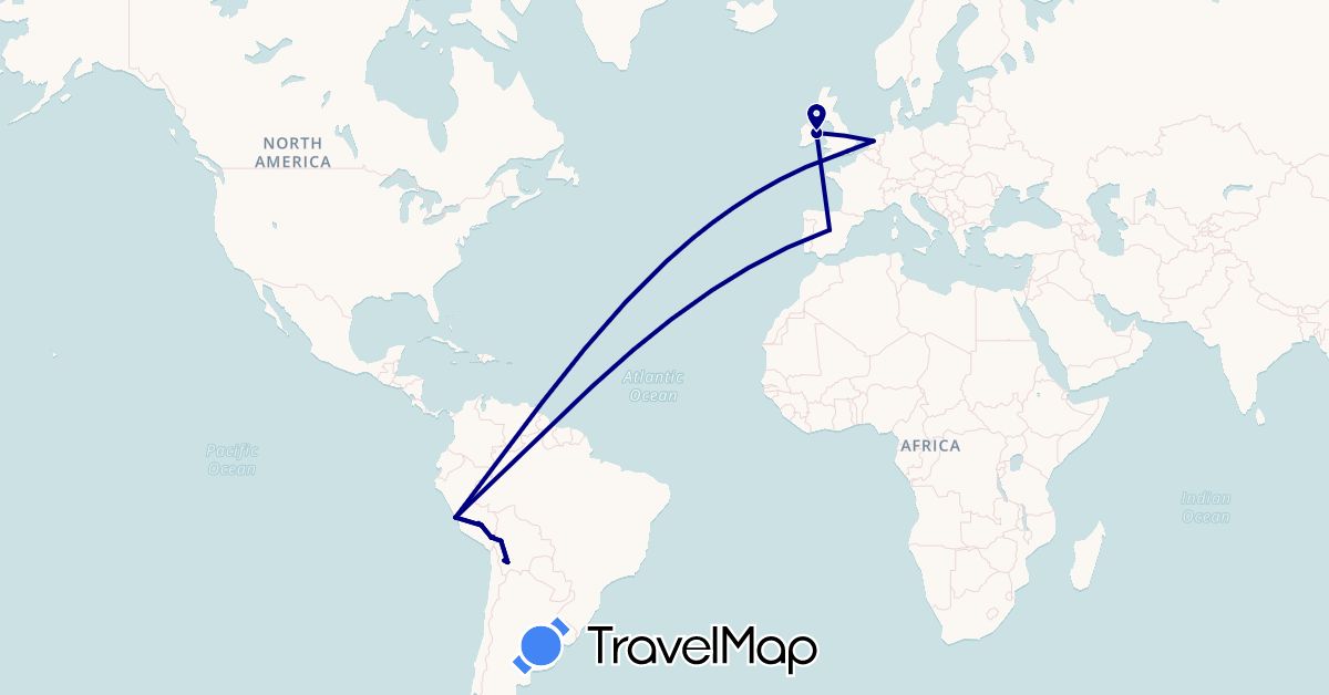 TravelMap itinerary: driving in Bolivia, Spain, United Kingdom, Ireland, Netherlands, Peru (Europe, South America)